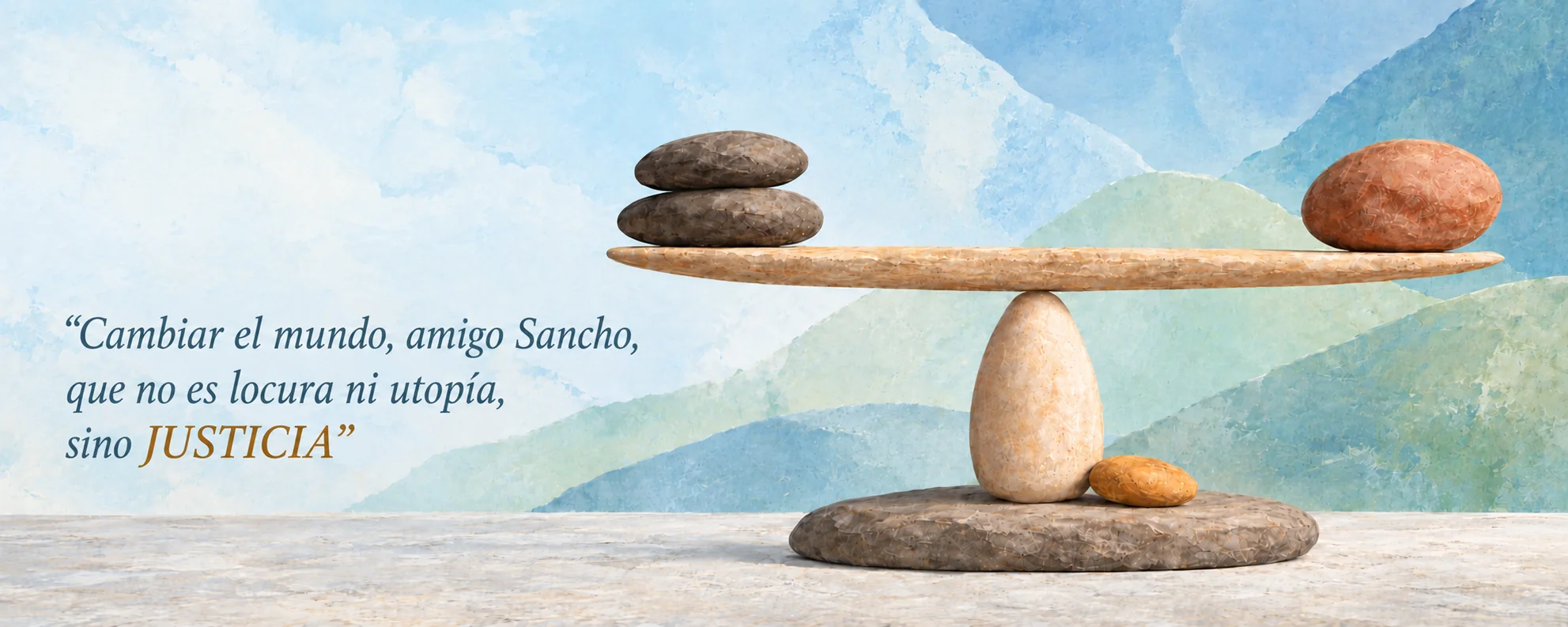 Ilustración de una balanza hecha con piedras en equilibrio sobre un paisaje de montañas en tonos azules y verdes, con la frase «Cambiar el mundo, amigo Sancho, que no es locura ni utopía, sino justicia»