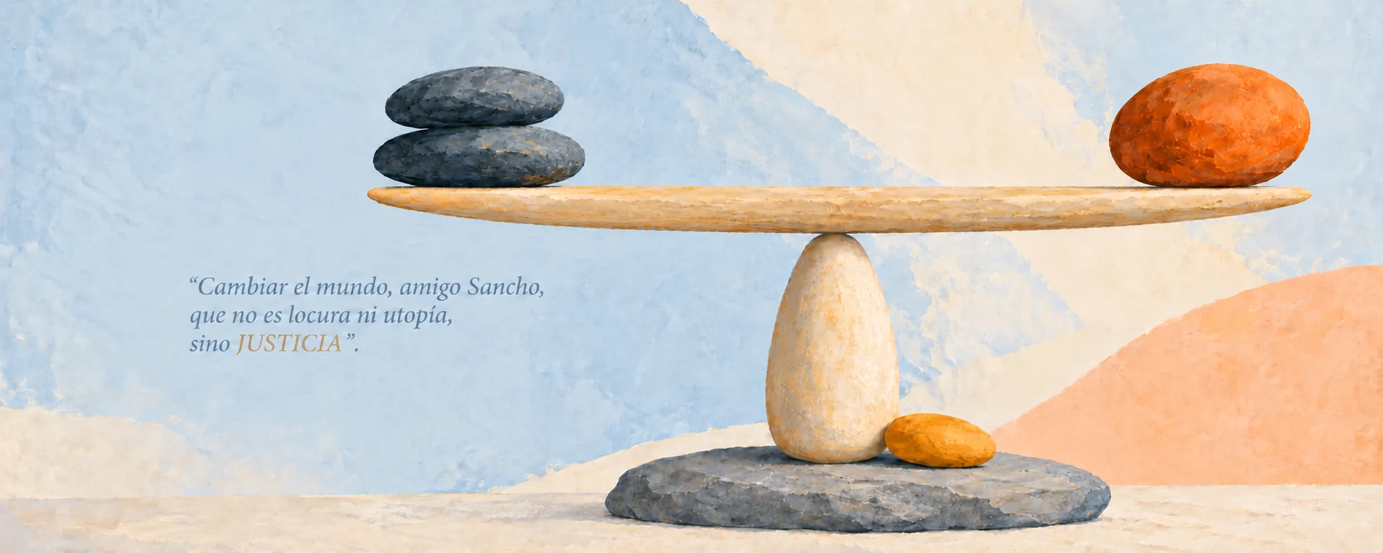 Ilustración de una balanza hecha con piedras en equilibrio, con la frase «Cambiar el mundo, amigo Sancho, que no es locura ni utopía, sino justicia»