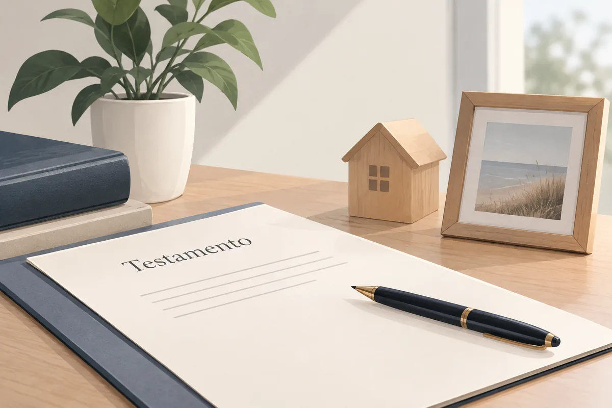 Testamento sobre una mesa junto a una pluma, una casa de madera y un marco de fotos