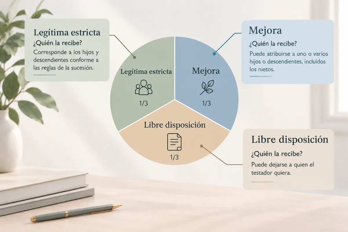 Gráfico que divide la herencia en tres tercios: legítima estricta, mejora y libre disposición